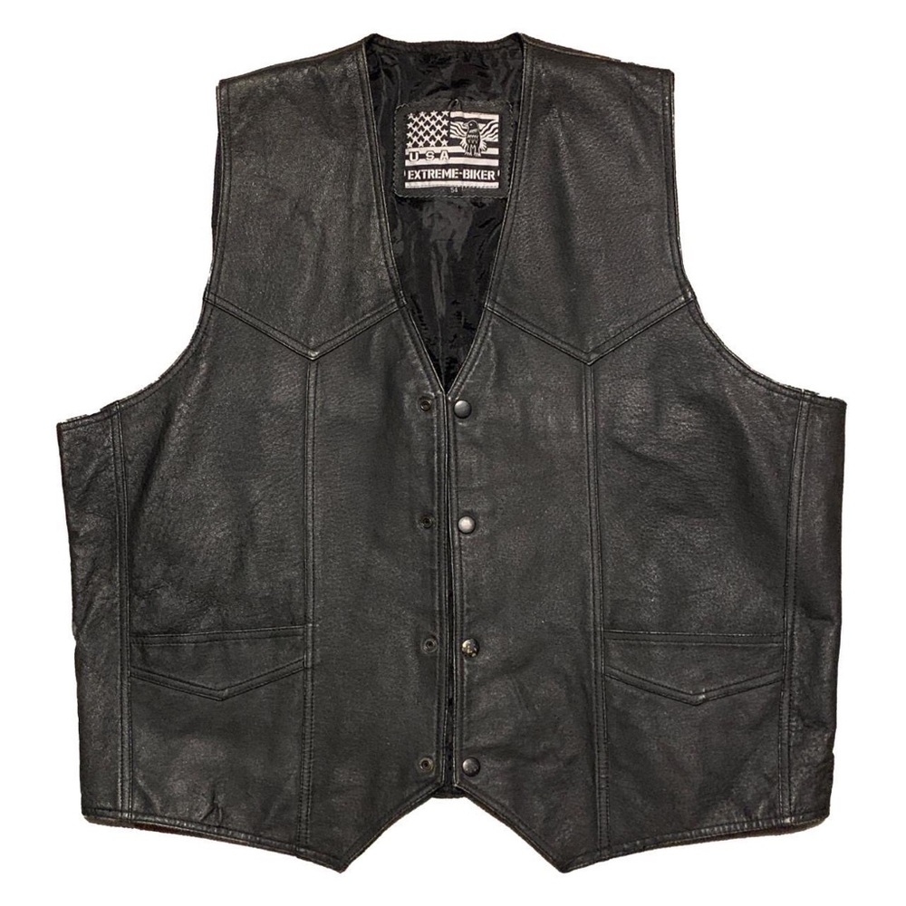 Vintage USA Extreme Biker leather vest with Harley Davidson graphic logo on back